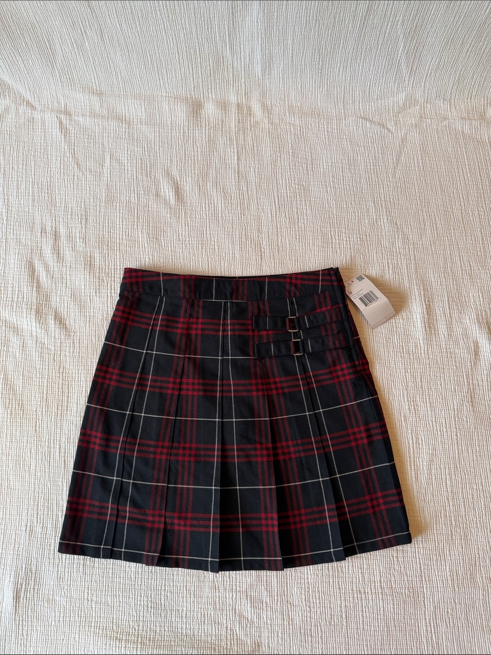 French Toast Red and Dark Navy Plaid Pleated Skirt with Side Buckles